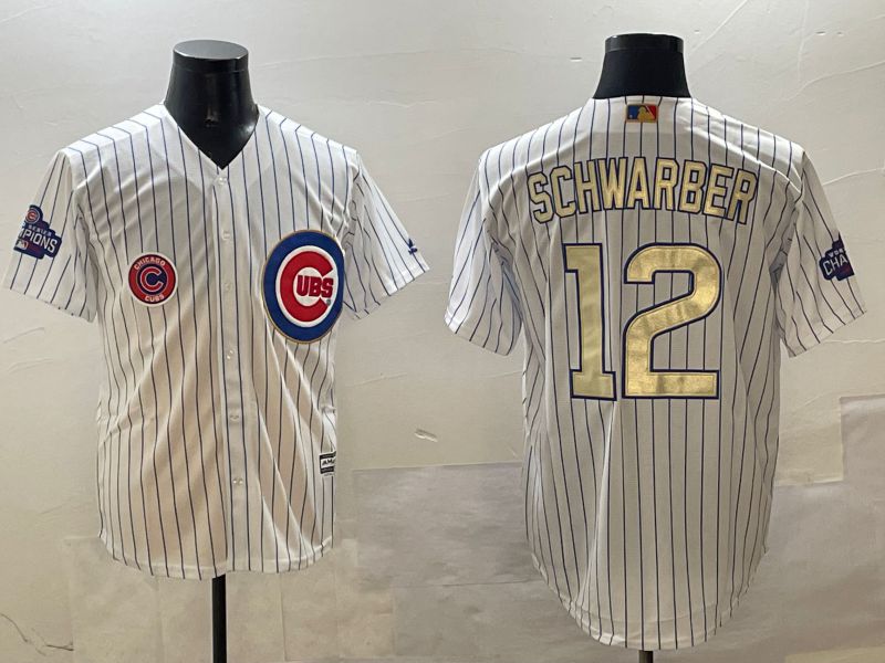 Men Chicago Cubs #12 Schwarber White Stripe Gold Game 2025 Nike MLB Jersey style 5